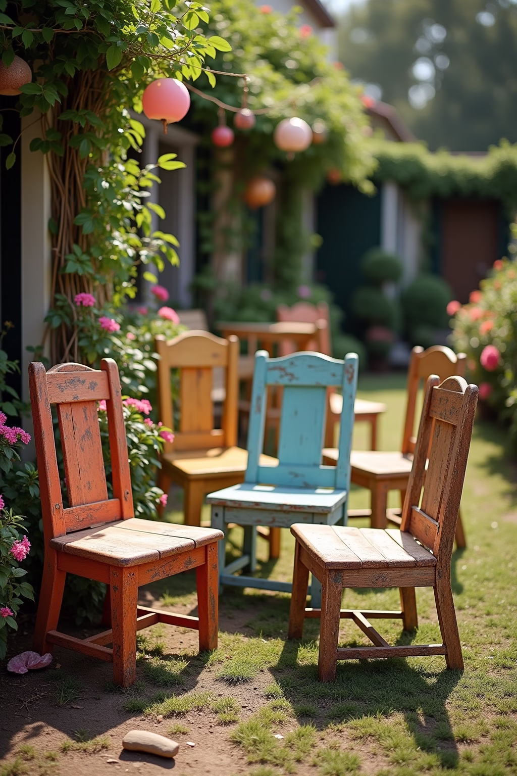 alte stuehle im garten dekorieren outline 1