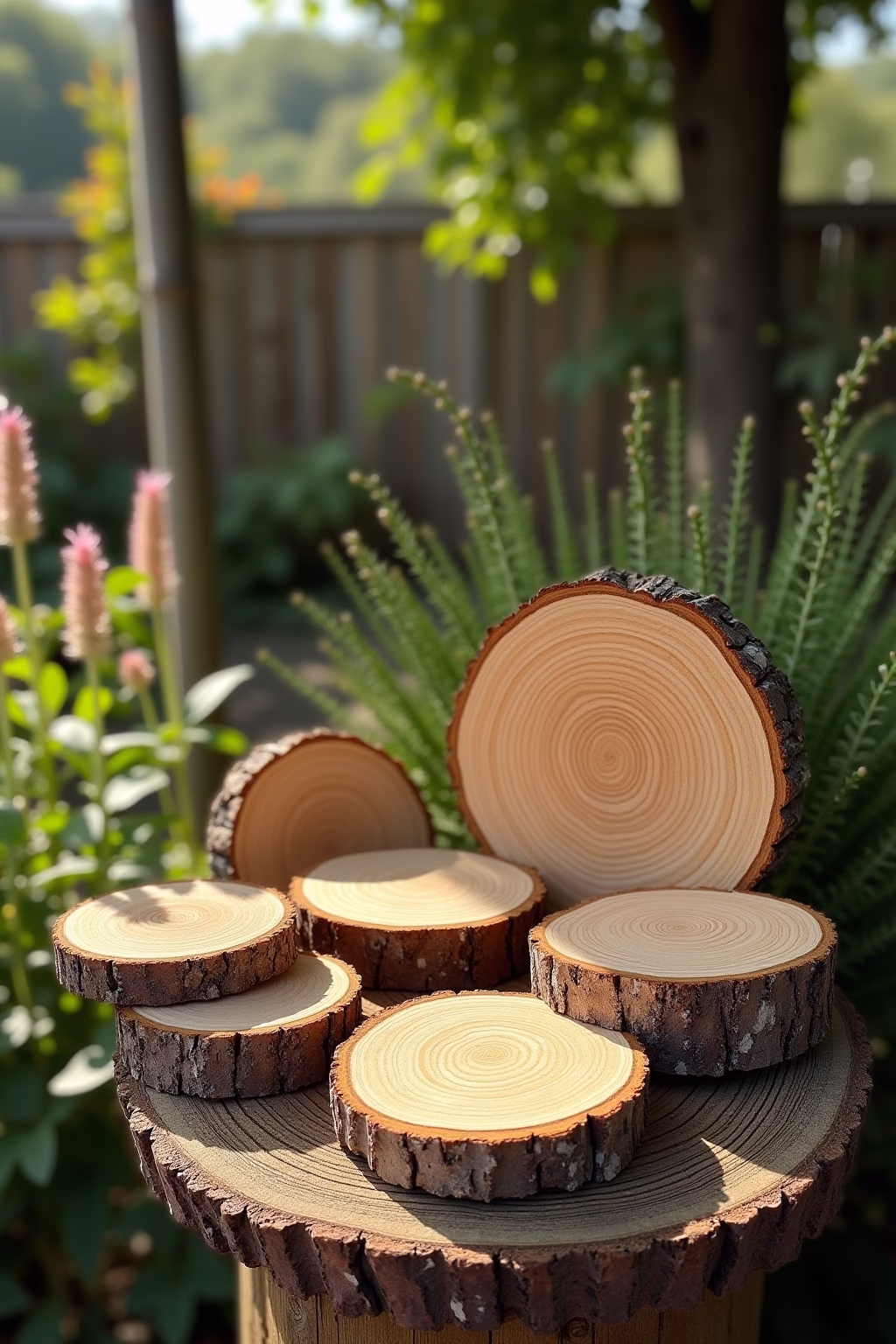 deko mit baumscheiben im garten outline 3