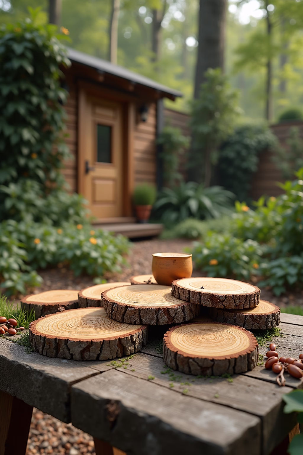 deko mit baumscheiben im garten outline 4