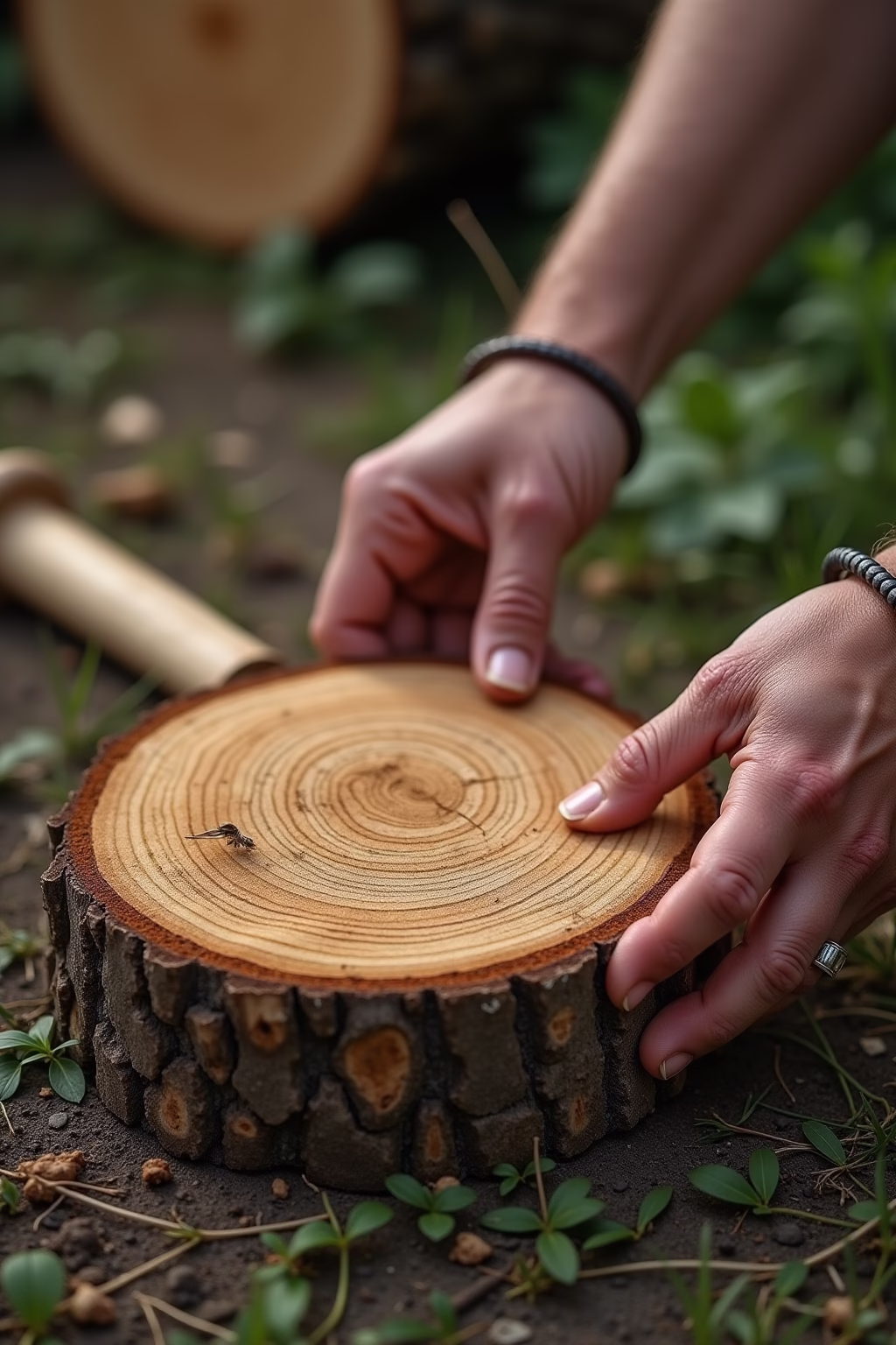 deko mit baumscheiben im garten outline 5