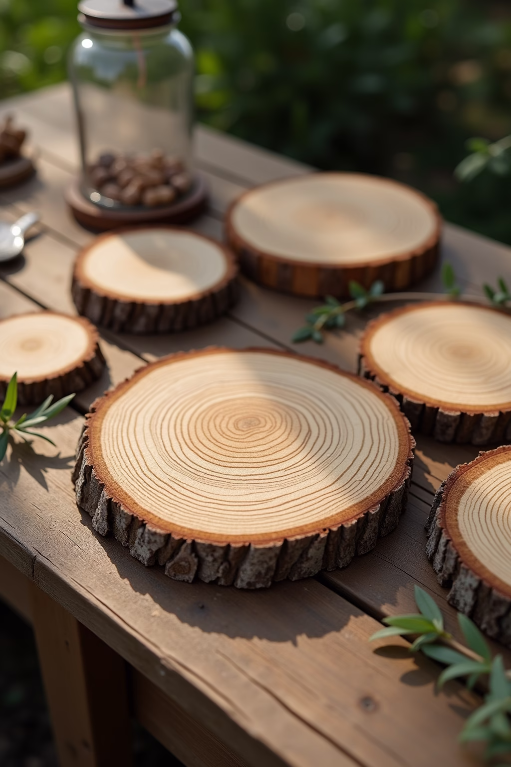 deko mit baumscheiben im garten outline 8