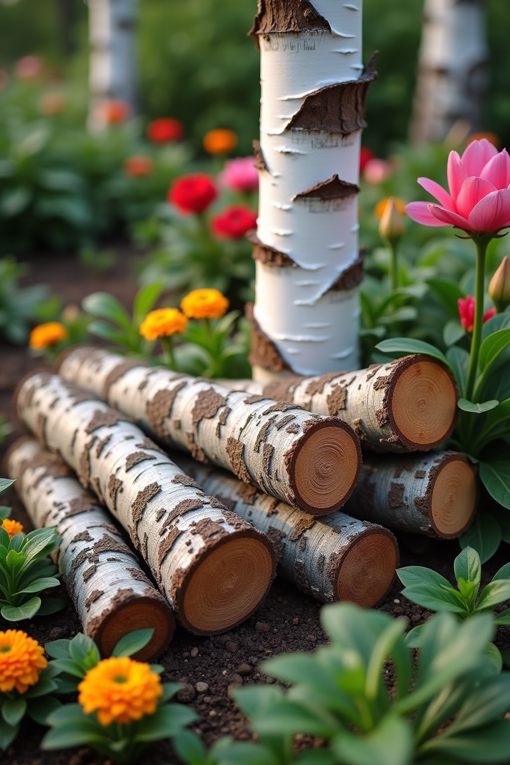 deko mit birkenstaemmen im garten outline 4
