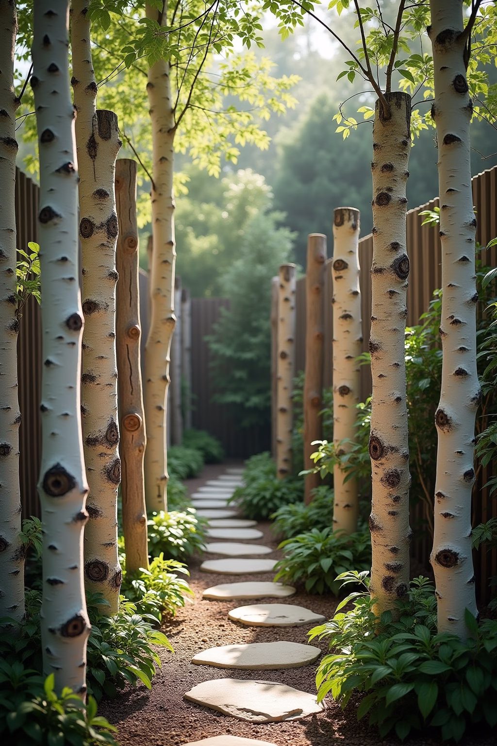deko mit birkenstaemmen im garten outline 6