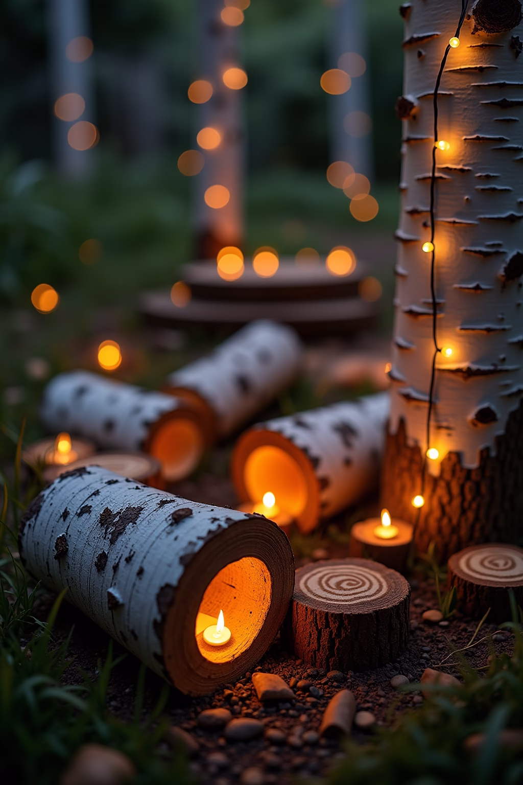 deko mit birkenstaemmen im garten outline 8